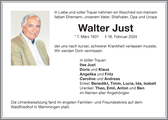 Traueranzeige von Walter Just von Memminger Zeitung