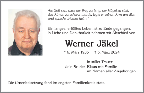 Traueranzeige von Werner Jäkel von Allgäuer Zeitung,Kempten