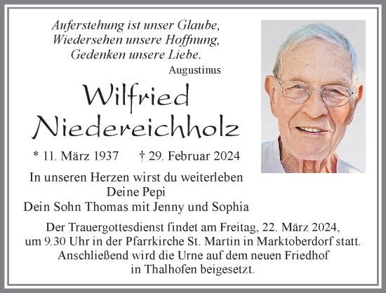 Traueranzeige von Wilfried Niedereichholz von Allgäuer Zeitung, Marktoberdorf