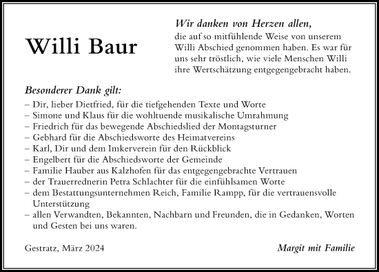 Traueranzeige von Willi Baur von Der Westallgäuer