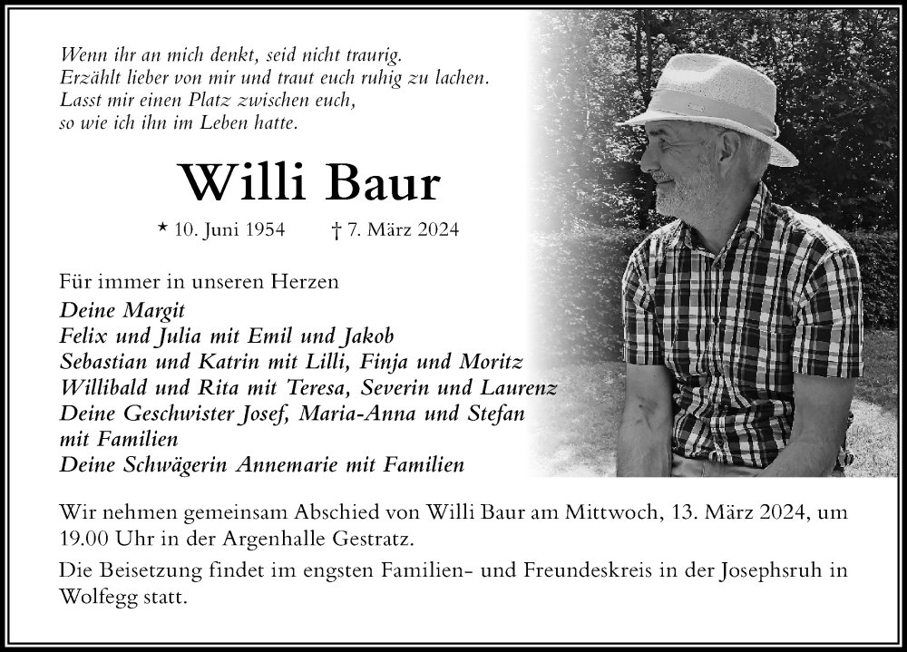  Traueranzeige für Willi Baur vom 12.03.2024 aus Der Westallgäuer