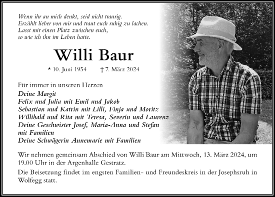 Traueranzeige von Willi Baur von Der Westallgäuer