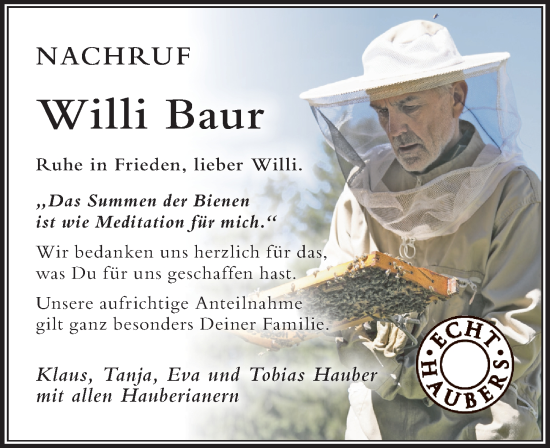 Traueranzeige von Willi Baur von Der Westallgäuer