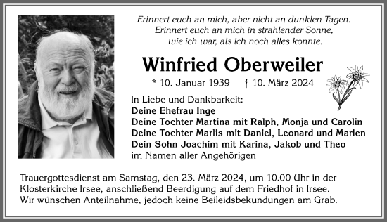 Traueranzeige von Winfried Oberweiler von Allgäuer Zeitung, Kaufbeuren/Buchloe