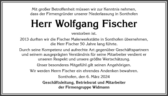 Traueranzeige von Wolfgang Fischer von Allgäuer Anzeigeblatt