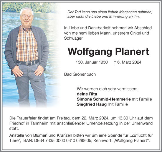 Traueranzeige von Wolfgang Planert von Memminger Zeitung