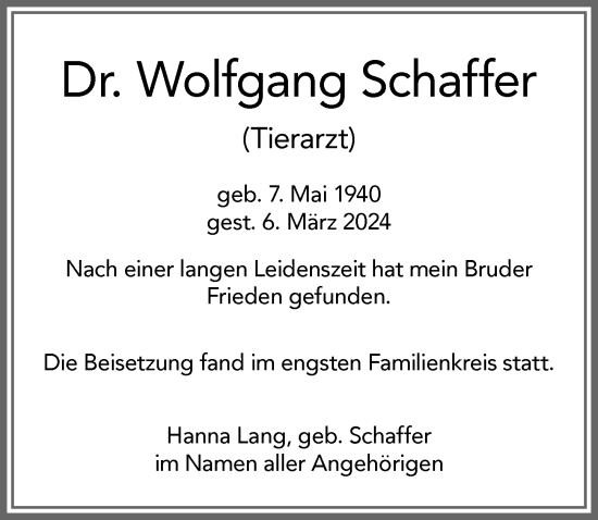 Traueranzeige von Wolfgang Schaffer von Memminger Zeitung