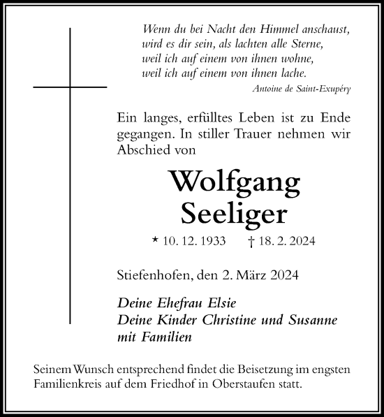 Traueranzeige von Wolfgang Seeliger von Der Westallgäuer