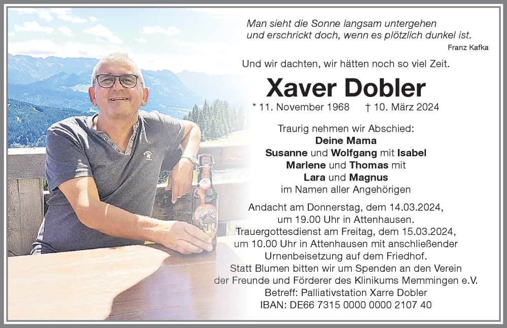  Traueranzeige für Xaver Dobler vom 13.03.2024 aus Memminger Zeitung
