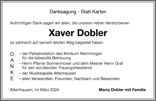 Traueranzeige von Xaver Dobler von Memminger Zeitung
