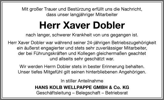 Traueranzeige von Xaver Dobler von Memminger Zeitung