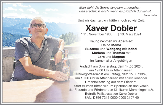 Traueranzeige von Xaver Dobler von Memminger Zeitung