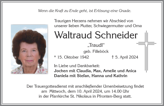 Traueranzeige von Waltraud Schneider von Allgäuer Zeitung, Füssen