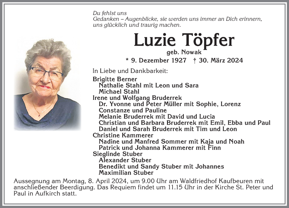  Traueranzeige für Luzie Töpfer vom 04.04.2024 aus Allgäuer Zeitung Kaufbeuren