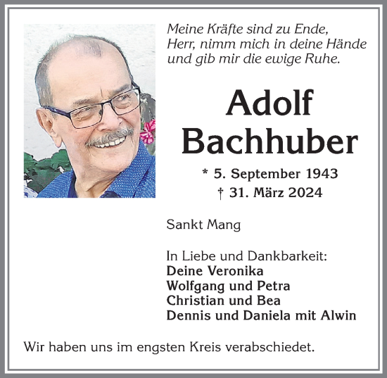 Traueranzeige von Adolf Bachhuber von Allgäuer Zeitung,Kempten