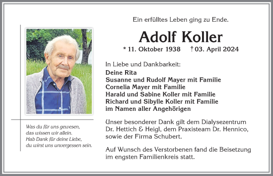 Traueranzeige von Adolf Koller von Allgäuer Zeitung,Kempten