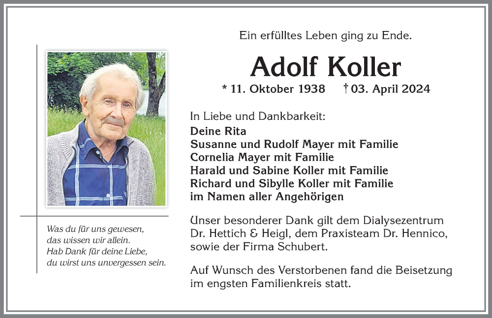 Traueranzeige für Adolf Koller vom 27.04.2024 aus Allgäuer Zeitung,Kempten