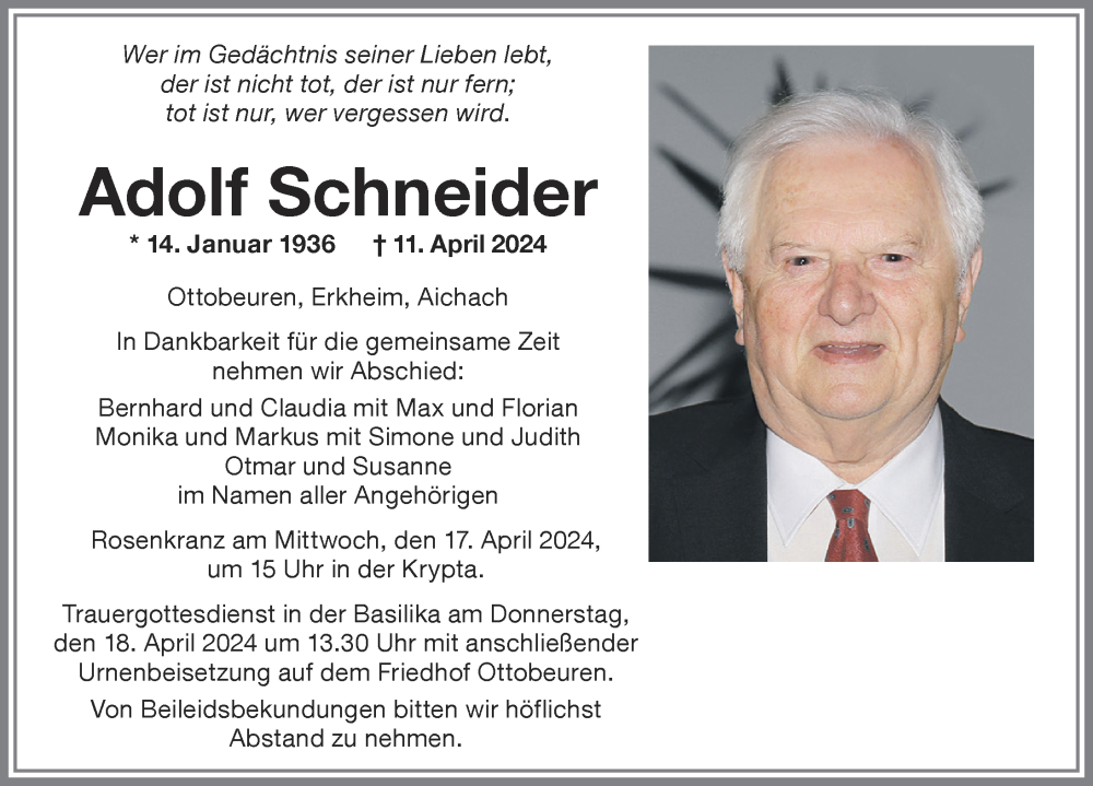  Traueranzeige für Adolf Schneider vom 16.04.2024 aus Memminger Zeitung