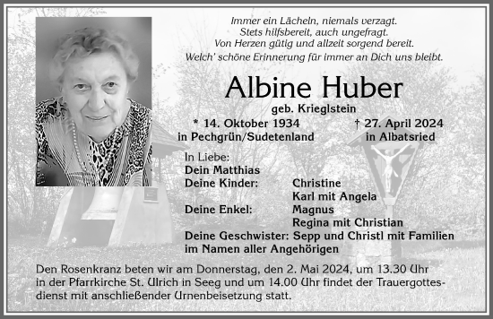 Traueranzeige von Albine Huber von Allgäuer Zeitung, Füssen
