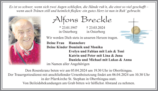 Traueranzeige von Alfons Breckle von Allgäuer Zeitung, Marktoberdorf