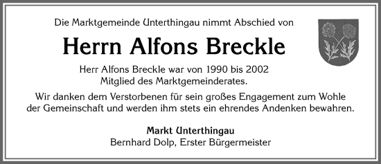 Traueranzeige von Alfons Breckle von Allgäuer Zeitung, Marktoberdorf