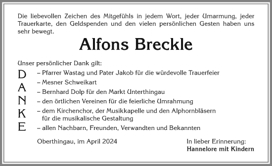 Traueranzeige von Alfons Breckle von Allgäuer Zeitung, Marktoberdorf