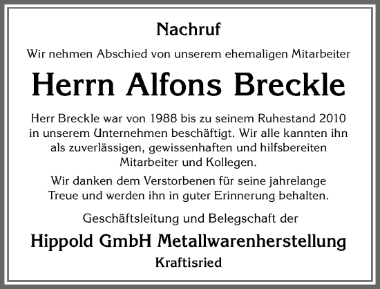 Traueranzeige von Alfons Breckle von Allgäuer Zeitung, Marktoberdorf