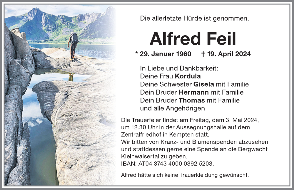  Traueranzeige für Alfred Feil vom 30.04.2024 aus Allgäuer Zeitung,Kempten