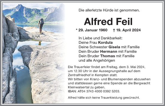 Traueranzeige von Alfred Feil von Allgäuer Zeitung,Kempten