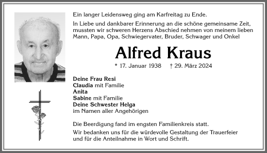 Traueranzeige von Alfred Kraus von Allgäuer Zeitung, Marktoberdorf