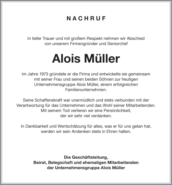 Traueranzeige von Alois Müller von Memminger Zeitung