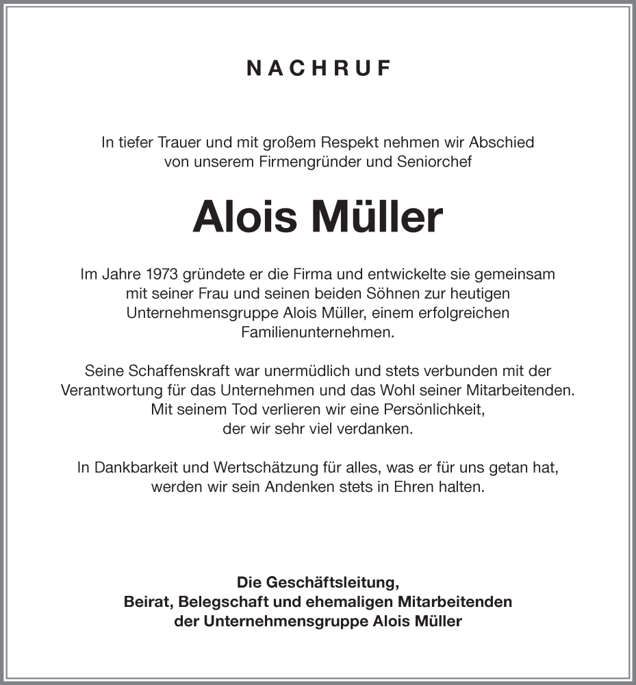  Traueranzeige für Alois Müller vom 11.04.2024 aus Memminger Zeitung