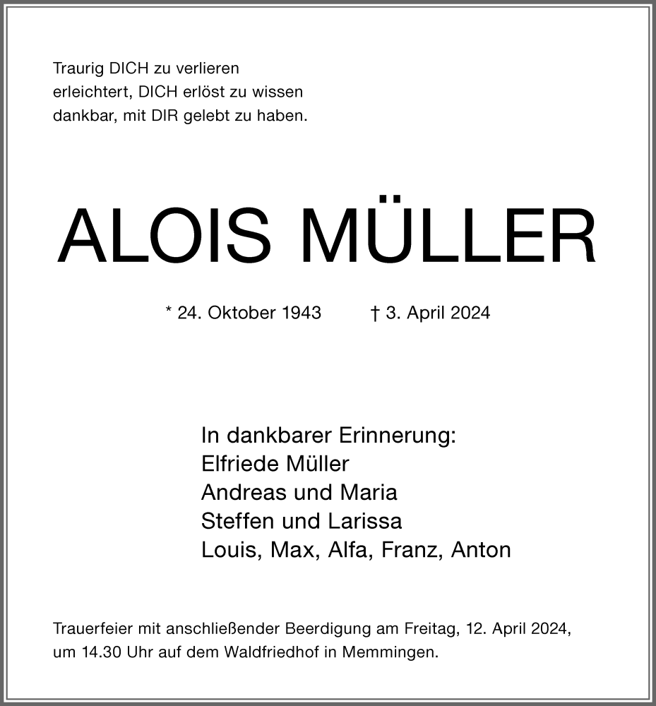  Traueranzeige für Alois Müller vom 06.04.2024 aus Memminger Zeitung