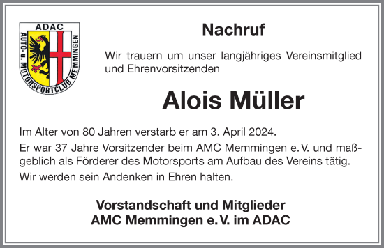 Traueranzeige von Alois Müller von Memminger Zeitung