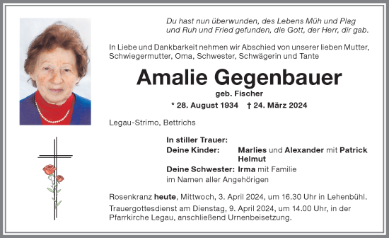 Traueranzeige von Amalie Gegenbauer von Memminger Zeitung