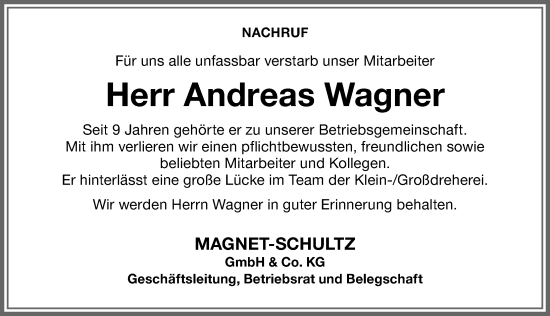 Traueranzeige von Andreas Wagner von Memminger Zeitung