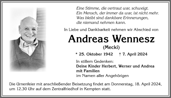 Traueranzeige von Andreas Wennesz von Allgäuer Zeitung,Kempten