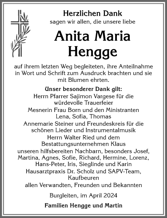 Traueranzeige von Anita Maria Hengge von Allgäuer Zeitung, Marktoberdorf