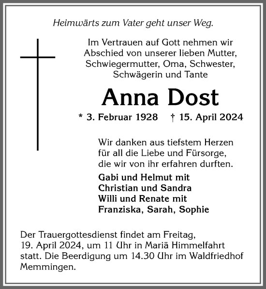 Traueranzeige von Anna Dost von Memminger Zeitung