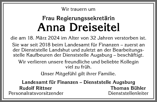 Traueranzeige von Anna Dreiseitel von Allgäuer Zeitung, Kaufbeuren/Buchloe
