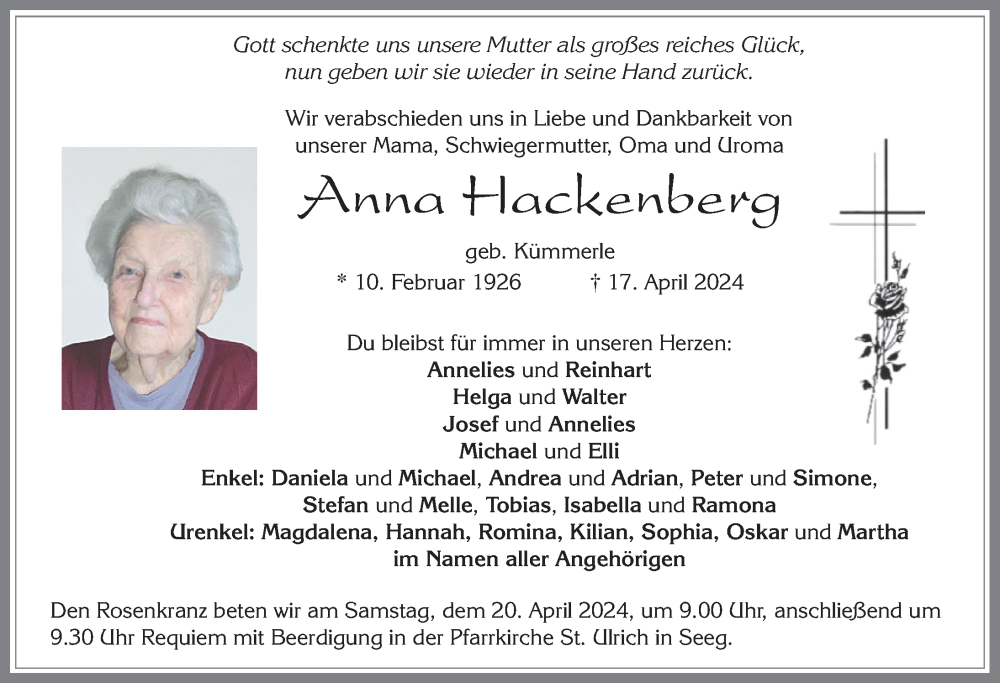  Traueranzeige für Anna Hackenberg vom 19.04.2024 aus Allgäuer Zeitung, Füssen