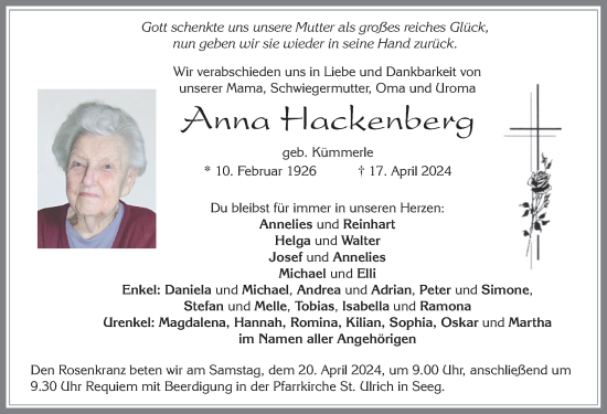 Traueranzeige von Anna Hackenberg von Allgäuer Zeitung, Füssen