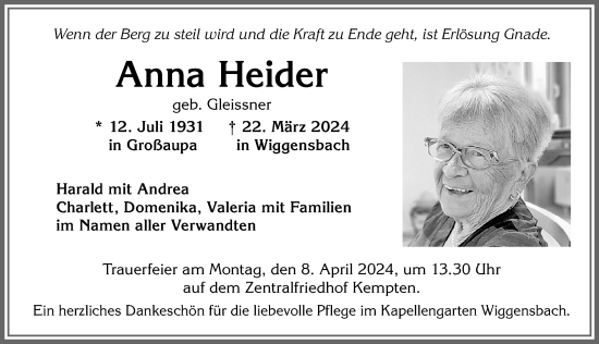 Traueranzeige von Anna Heider von Allgäuer Zeitung,Kempten