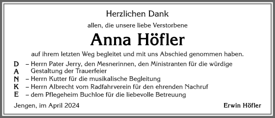 Traueranzeige von Anna Höfler von Allgäuer Zeitung, Kaufbeuren/Buchloe