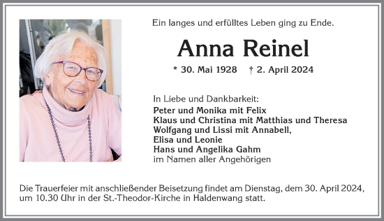 Traueranzeige von Anna Reinel von Allgäuer Zeitung,Kempten