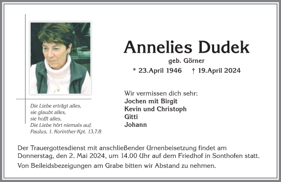 Traueranzeige von Annelies Dudek von Allgäuer Anzeigeblatt