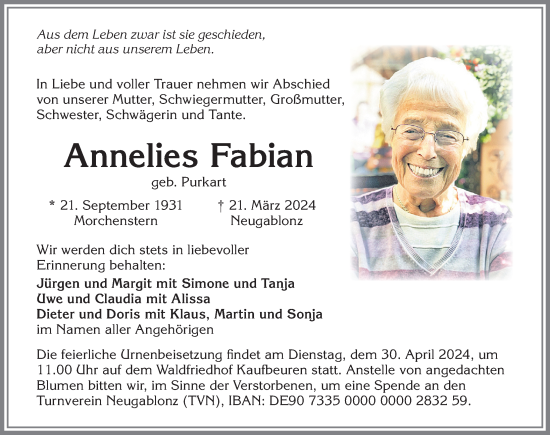 Traueranzeige von Annelies Fabian von Allgäuer Zeitung, Kaufbeuren/Buchloe