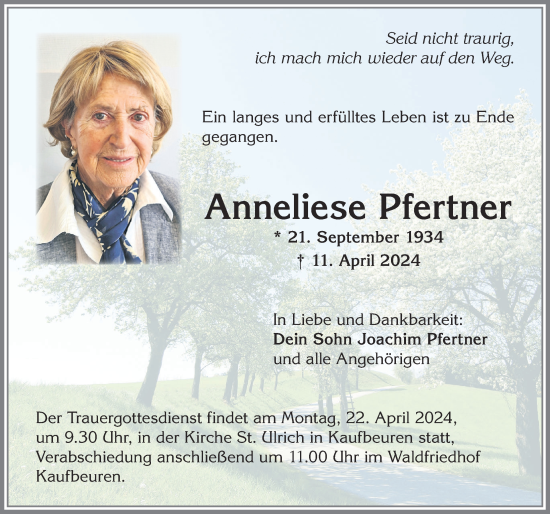 Traueranzeige von Anneliese Pfertner von Allgäuer Zeitung, Marktoberdorf