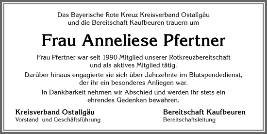 Traueranzeige von Anneliese Pfertner von Allgäuer Zeitung, Kaufbeuren/Buchloe