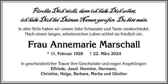 Traueranzeige von Annemarie Marschall von Allgäuer Zeitung, Marktoberdorf